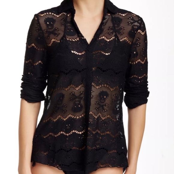 NWT $238 Letarte black Lace Skull Shirt XS - Picture 1 of 7
